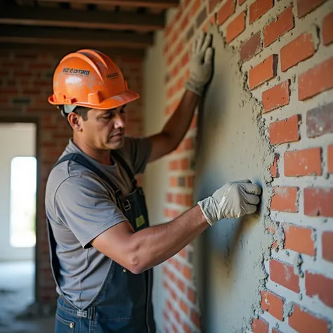 Construction official plastering with mortar a common brick wall in a house of social interest in Colombia