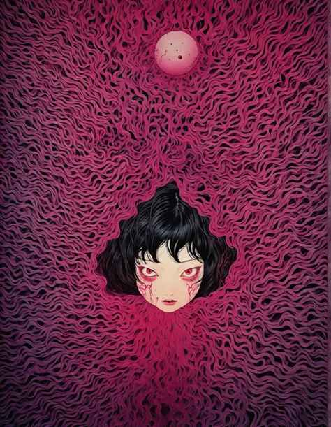 an illustration、until、 posters of horror movies from the 70s, Supervised by Junji Ito 、 High level of detail,  realistic shadows 、 analog style ,  chromatic aberration , Surrealism、complementary gradient , body horror, mutilacion