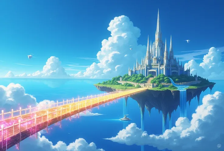 A gossamer bridge stretches across an endless expanse of blue sky, connecting our world to a distant floating island paradise. The bridge is woven from strands of pure light, pulsing with rainbow hues. As it nears the heavenly island, the bridge with rainb...