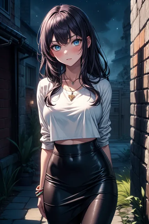 ((masterpiece, best quality:1.3, high detail)), beautiful serious woman, looking to side, long wavy hair, (dark purple hair), hairpin, glowing blue eyes, light blush, (leather jacket, white t-shirt cropped), (long black pencil (skirt)), long skirt, necklac...