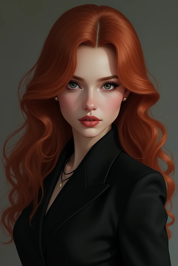  woman with long,  wavy red hair with gray eyes  , has adorable and delicate features,her lips are thin and adorable  ,   she maintains a neutral expression she wears a black spy uniform.