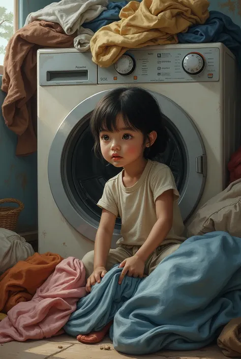 girl washing clothes in machine with many dirty clothes pile in the background