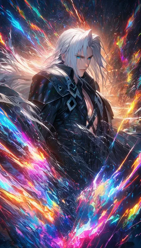 absurdres, highres, ultra detailed, HDR, masterpiece, extremely detailed face and eyes, sephiroth ,final fantasy 7, long white hair,  ,   , , solo, man, handsome, , , Epic fight scene, colorful water splashing effect,colorful lightning  effect,glowing glit...