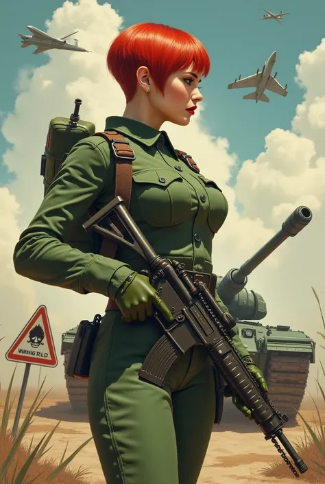 red-haired , Really short hair  , pretty lips, thin ,  military clothing Green ,  with a bazooka and a Russian-style tank and a fighter jet flying over .  style design decade retro model .
Its a spiked sign on the ground  ,Skewer written Danger Mine 