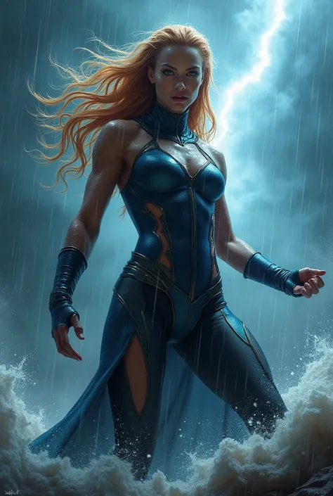 Dazzling Storm Woman from X-Man, 8k Photo, facing the chaos of the rains trying to help, It&#39;s raining 