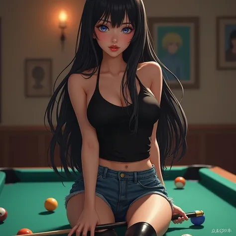  Korean woman UI 24 acts with long long black hair and bangs with blue eyes, textured skin ,  red mouth and medium lashes , defined body.  wears a black top with denim shorts with tall black boots ,   she is in a room tilted from the front with a sexy pose...