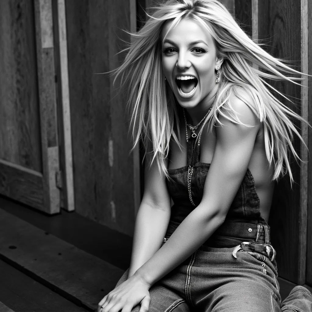 a black and white portrait of britney spears, sitting with crossed legs, looking directly at the camera with a neutral facial ex...