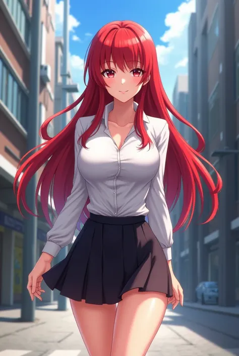 Anime girl, pretty with cup F big boobs wearing white shirt, long red haired, looking at camera, walking at city, short skirt