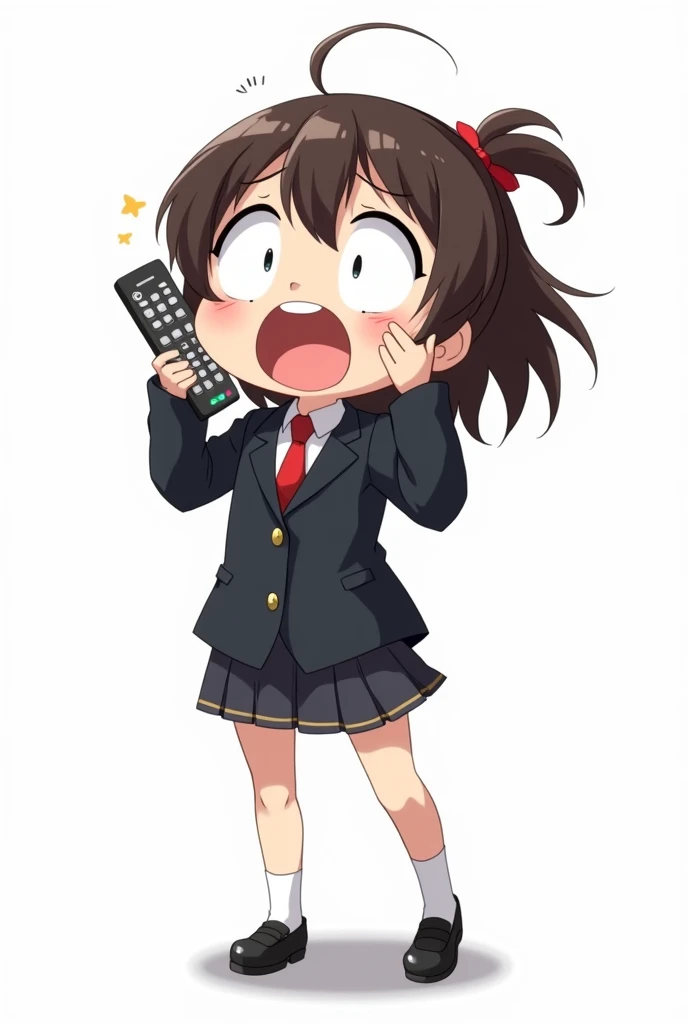 Girl standing in front and her legs and wearing black shoes and uniform school blazer anime image with a TV control white background and full body with emotion of joy and embracing the TV control
Presenting control with joy and nervousness on the cheek wit...