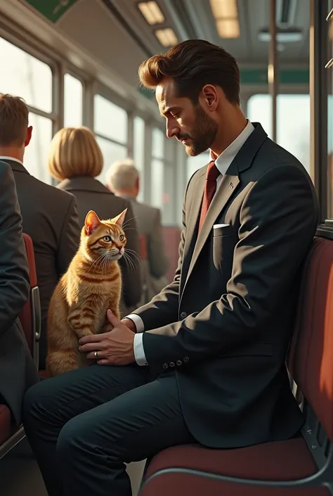 A man gives way to a realistic cat in transport, Detailed 