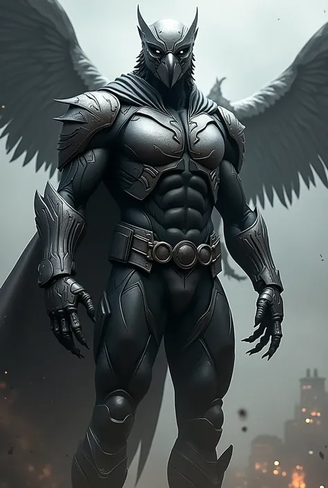 Gender Male, Black and Silver Hawk superhero Costume, Armor Suit, With Clawed Gauntlets and Armor Hawk Helmet , Concept art