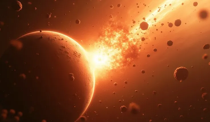  The image shows an imminent collision between two planetary bodies ,  with an intense burst of light at the center .  The background presents a mixture of warm colors , like orange and red,  with surrounding cosmic dust .  The light from the collision is ...