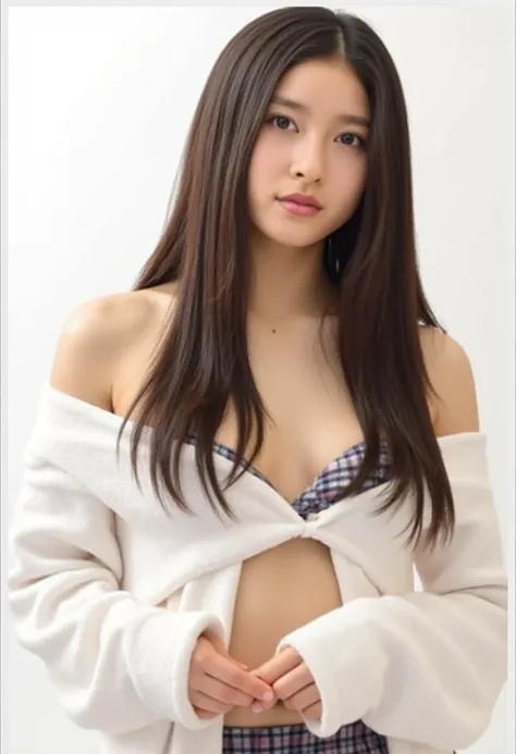  only one woman with a cute smile is cute,  fluffy off-shoulder pajamas ,  make a big heart with both hands , Hold it in front of your chest , Looking above my collarbone 、 The background is a monotone   、Completely naked、 topless

