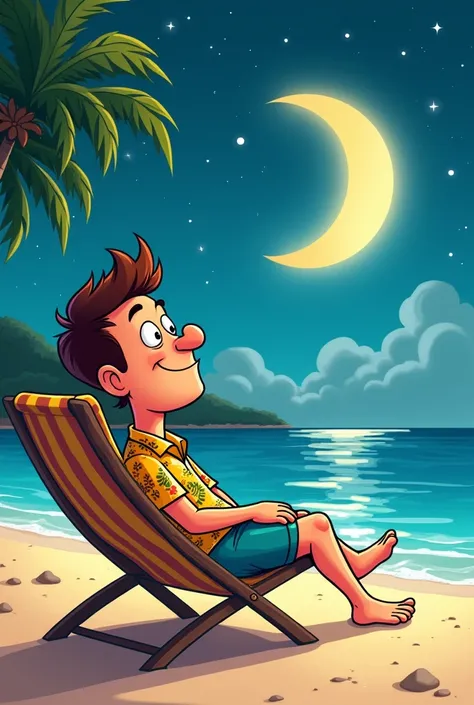 Create the image of a man in a cartoon lying on the beach chair looking at the moon 