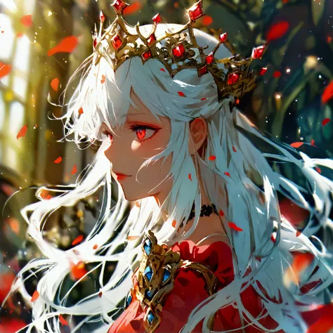 character with medium-long white hair with red eye snaps and kings crown