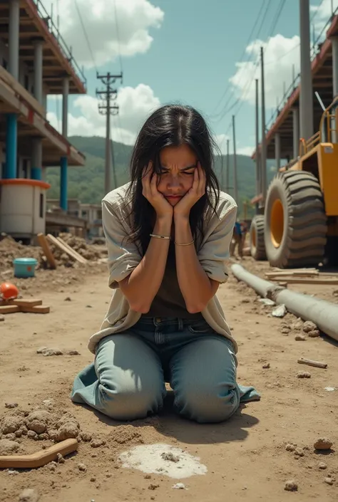 Woman kneeling and vomiting at a construction site