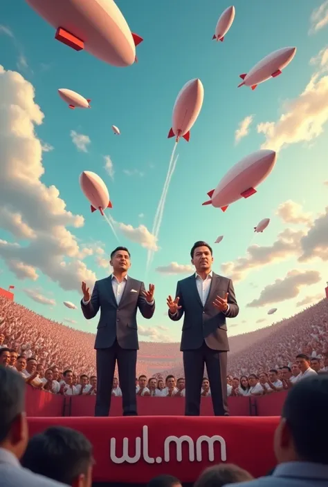  featuring full HD high resolution , two dashing Indonesian-faced guys ,  with the speech of two paslon people on stage, in the middle of the crowd , seen banner inscribed with letter  " WL MM  ",  backgound sky full of blimps , realistic