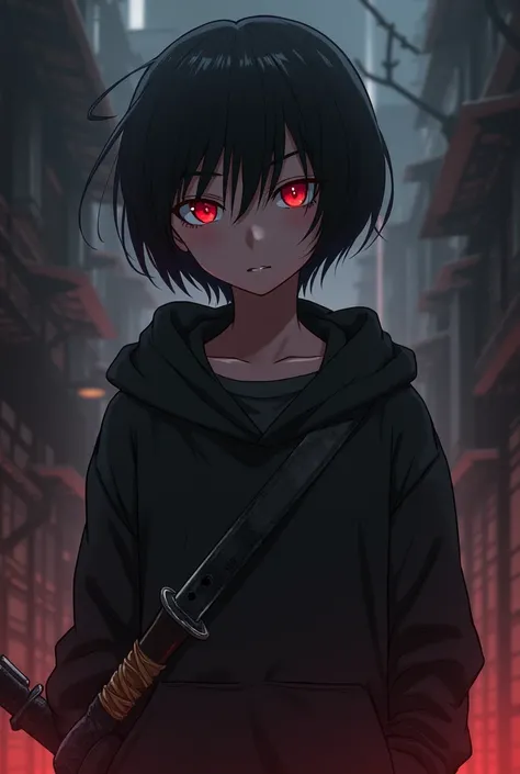 Boy Hyouka teenager  dark eyes sword around waist and hands in pockets short hair big bangs and red eyes
 anime