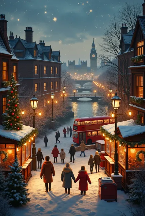 I want a cover for a Christmas story that will portray a Christmas story of a very large family that comes together to celebrate Christmas in London, without people, Only images that refer to the Christmas mood in London and family 