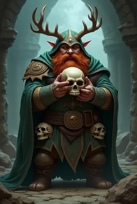 Um anão de d&d,  he is a necromancer and wears a helmet made with a skull and deer horns on his head .  He has a short, red beard and red eyebrows and wears a greenish leather shaman suit and wears a cloak of thick fabric made with skin of That covers your...