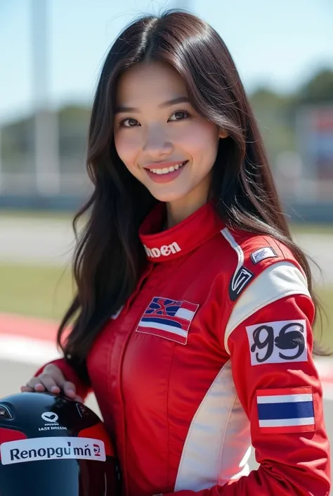 Canon eos photography, Masterpiece, 8k.uhd., realistic, High resolution, Solo, An Asian woman, pure white skin, 25 years old, long black hair, slender body, large breasts, smile face, big eyes, victory pose, wearing a red-white racing suit with a small Tha...