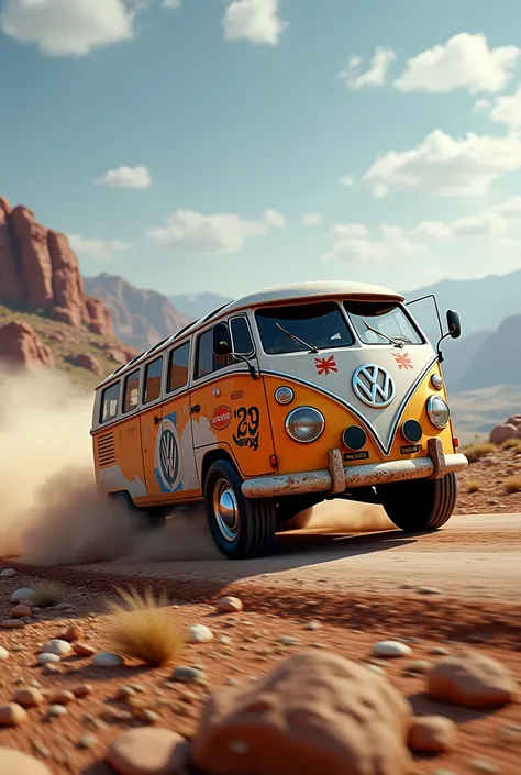 An ultra realistic version of a Volkswagen biarticulated bus in a rally version drifting 