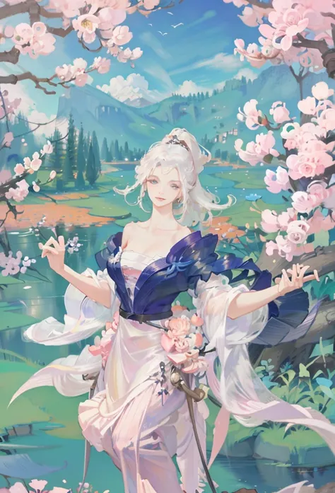 A masterpiece on canvas in the style of Claude Monet, white haired woman, hair in a ponytail, sharp blue eyes, smiling,  extremely beautiful ,  detailed landscape, hyper-realistic, elements of symbolism and surrealism, intricate design, foliage, flower, La...