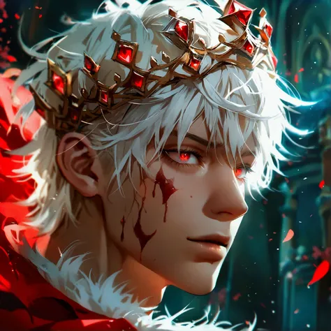 Male character with medium-length white hair with red eye snaps and kings crown