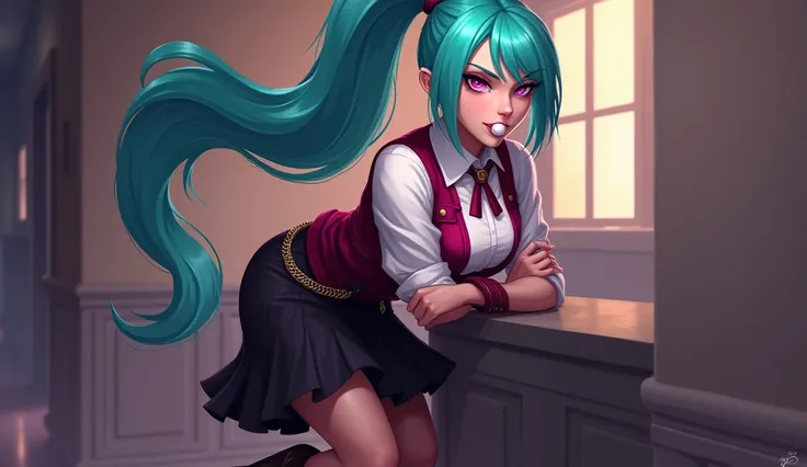 League of legends splash art style,  skin battle gym ,  woman leaning on a wall ,  with crossed arms ,  making a ball of gum with her mouth , pink eyes, turquoise hair,  long hair tied, white blouse,  burgundy red vest , Black skirt,  waist chain accessory...