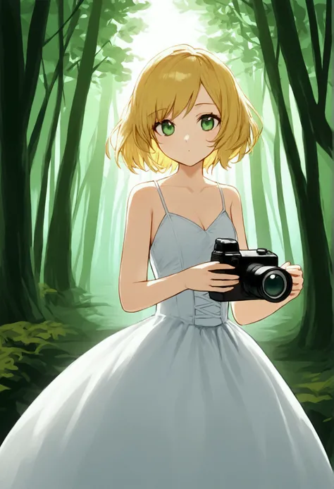  Beautiful Girl, Short blonde hair,  green eyes,  dressed in a white dress , holding a camera ,  in a forest  