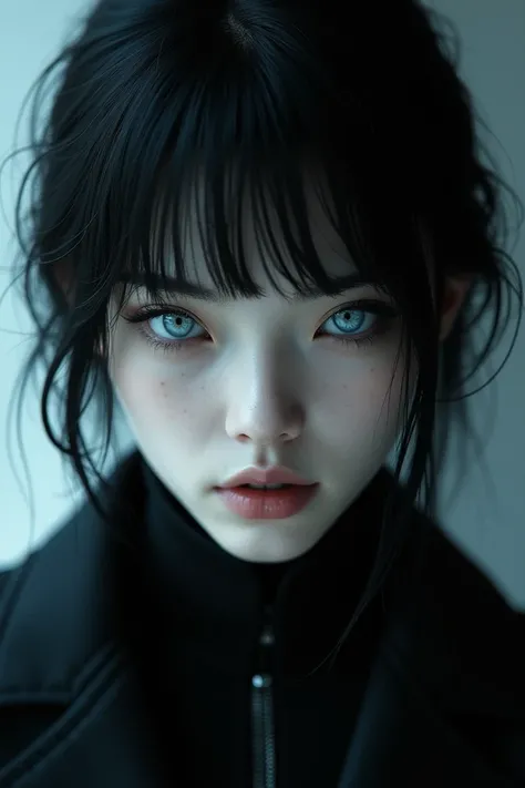 Black hair , white skin , sharpen jaw , blue eyes