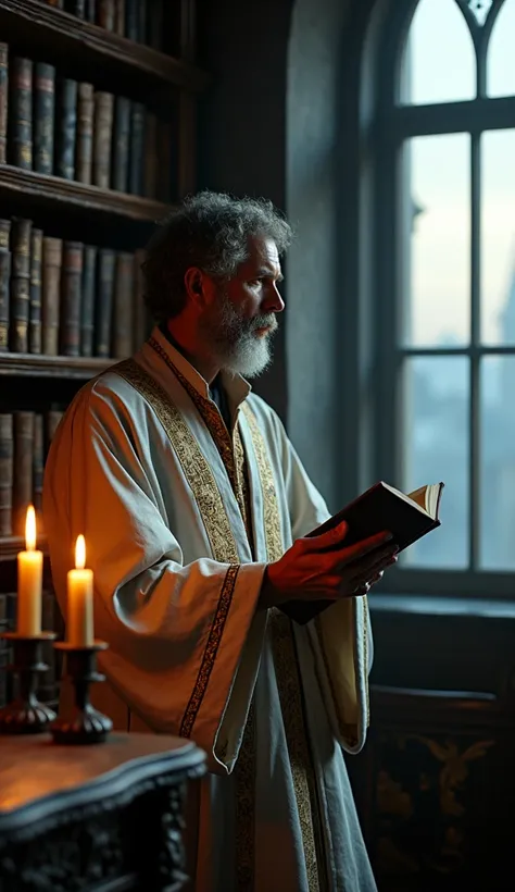 A thoughtful Rosicrucian scholar with a serious expression, holding an old book, looking out a window toward a distant horizon, his robe is detailed with intricate symbols, the background shows a library with ancient books, an ornate wooden desk, and a fli...