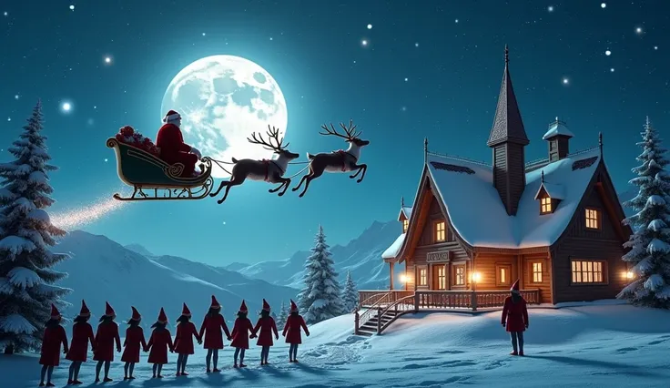 Photorealistic and ultra-realistic cinematic image of Santas house in the middle of the North Pole. Santa Claus taking off in his sleigh, leaving the city. Several elves dressed in burgundy clothes cheer and wave to Santa. In the background a starry night ...