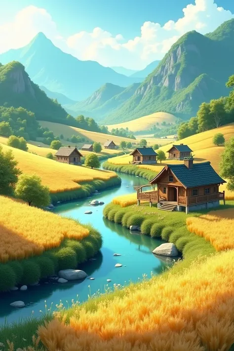 A peaceful village surrounded by lush green mountains, a clear blue river flowing gently through the middle, small wooden houses with sloping roofs, and fields of golden wheat swaying in the breeze under a bright morning sky.