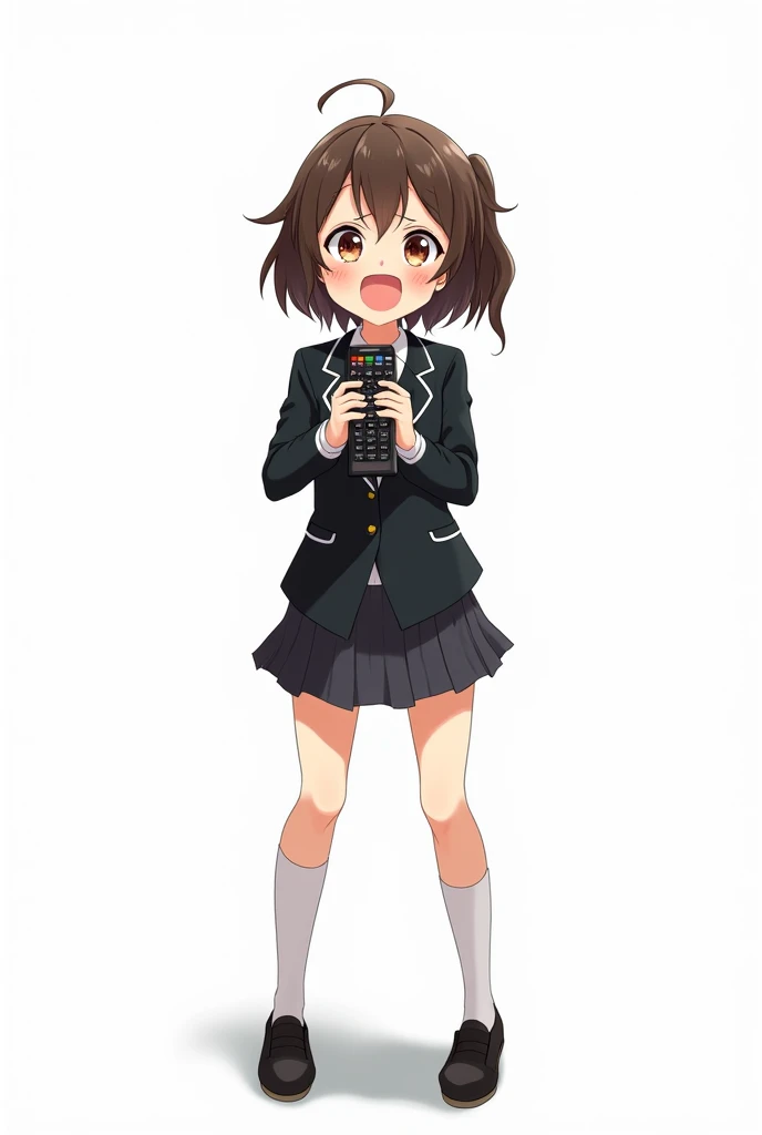 Girl standing in the front and her legs and wearing black shoes and uniform school blazer anime image with a TV control white background and full body with an emotion of joy and embracing the TV control
Presenting control with joy and nervousness on the ch...