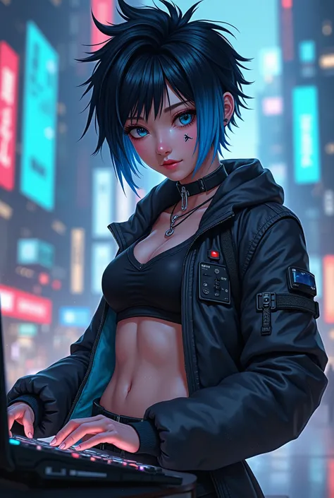  Asian hacker girl with short black hair with blue highlights,Skinny and athletic with a defined abdomen 