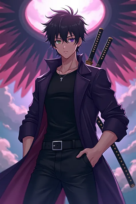 Seventeen-year-old anime boy with eyes of a different color, marked physique and muscle with a tight black t-shirt, black combat pants with a dark purple trench coat with ninja weapons and 2 katana swords on his back and a Susanoo behind him. 