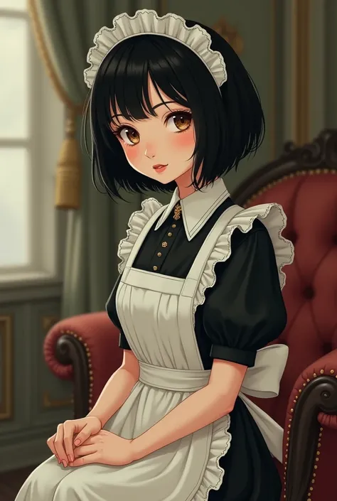 Create a vintage maid with black hair, brown eyes and Manhwa style