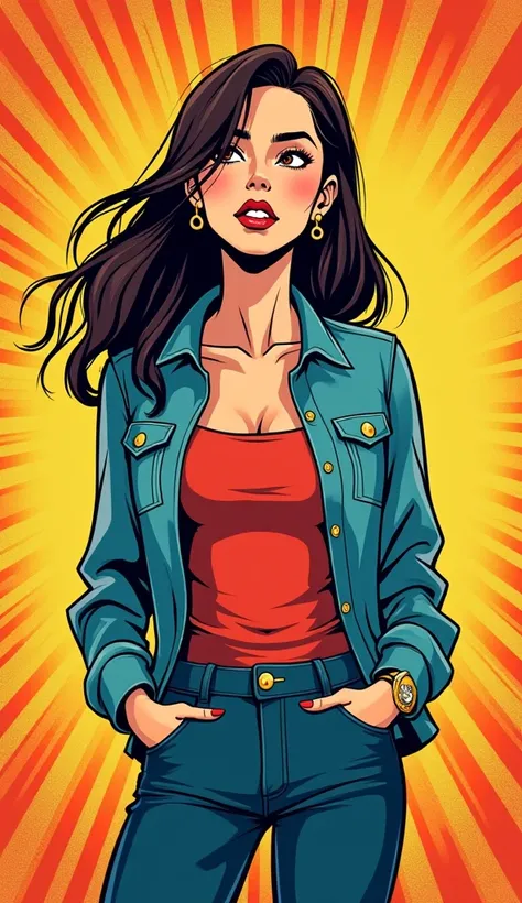 DISCREET image. with discreet casual clothes. image adult woman, american, comic book style. DISTRACTED. with a discreet smile. She is a Libra sign, IMAGES WITH VIBRANT COLORS.