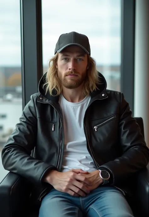 , A 30 yo scandinavian man with long blonde hair, looking at the camera, wearing a black leather jacket with a hood, a cap, skinny jeans, and white t-shirt, sitting in a luxurious, modern office with big tall windows. view overseeing helsinki finland