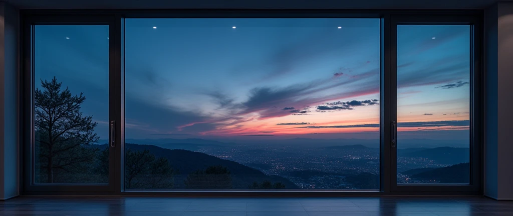 an image of a modern closed window at night with a beautiful landscape