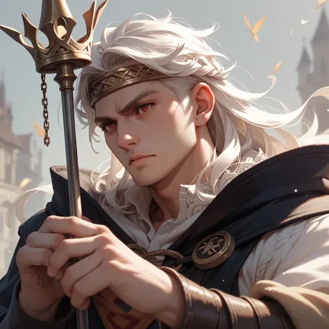 effeminate male character with medium-length white hair with straight snaps, red eyes and kings crown