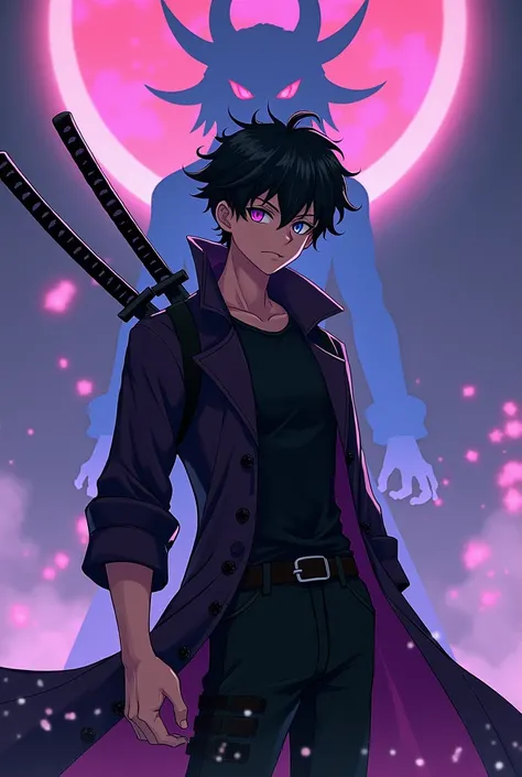 Seventeen-year-old anime boy with eyes of a different color, marked physique and muscle with a tight black t-shirt, black combat pants with a dark purple trench coat with ninja weapons and 2 katana swords on his back and a Susanoo behind him. 