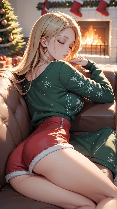 Rear view of one hot woman sleeping her eyes on a brown sofa in a dress wearing red shorts, a green sweater,Fireplace, beautiful hair, small waist 、slender、 sexy、, light sun, beginning to snow, christmas theme atmosphere 