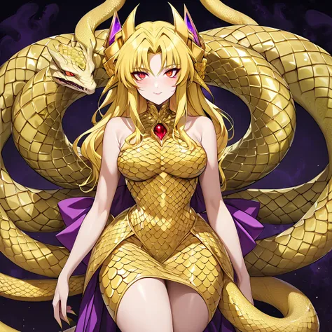 An ugly alien snake like Lamia and Gorgon who is the wife of the Serpent Demon King and is in love with each other is the blonde Fate Testarossa, is a blonde Fate Testarossa, has a body covered with scales, wears a snake Queens scale dress, her lower body ...