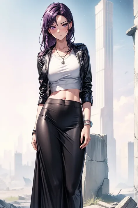 ((masterpiece, best quality:1.3, high detail)), beautiful serious woman, looking at viewer, long wavy hair, (dark purple hair), hairpin, bright purple eyes, light blush, (crop top and leather jacket), (long black pencil (skirt)), long black skirt, midriff,...