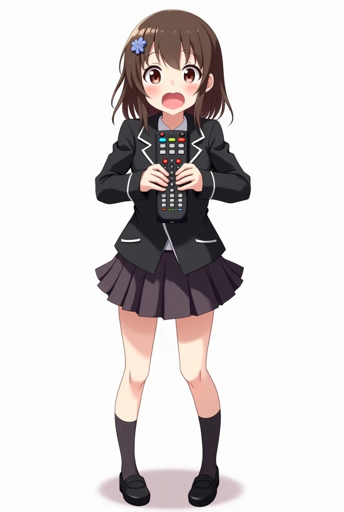 Girl standing in the front and her legs and wearing black shoes and uniform school blazer anime image with a TV control white background and full body with an emotion of joy and embracing the TV control
Presenting control with joy and nervousness on the ch...