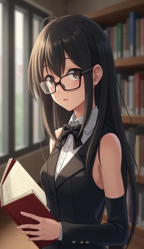  Japanese、21 years old、21 years old、woman、Beauty、Big Glasses、 in the library 、What is the size of the notebook ８０ cm、 wearing a tuxedo without sleeves {x} holding it in my hand and working hard to write my schedule、 holding a notebook 、 in the background 、