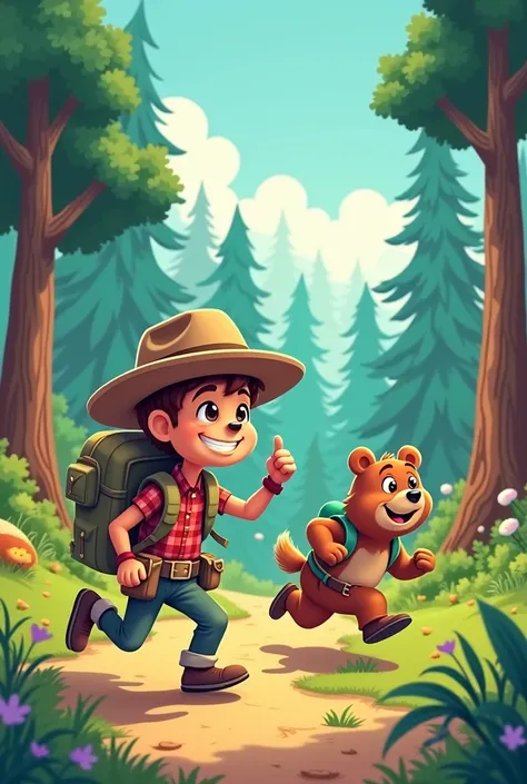 Generate an image of a bear chasing an explorer in 2D cartoon style 