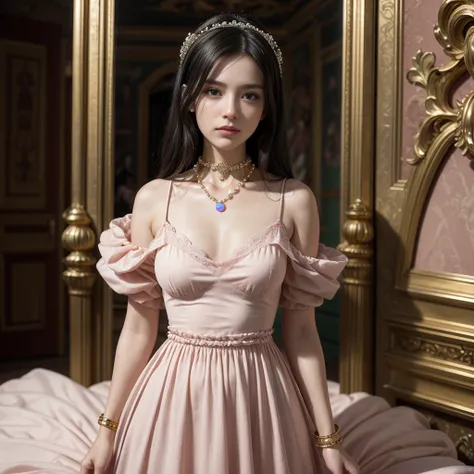 Create image , beige-skinned woman , straight black hair,16th century,  pastel pink dress ,16th century, baroque bracelet ,  in gold with pink opal , necklace choker The necklace features several rows of small white pearls with a large pink opal in the cen...